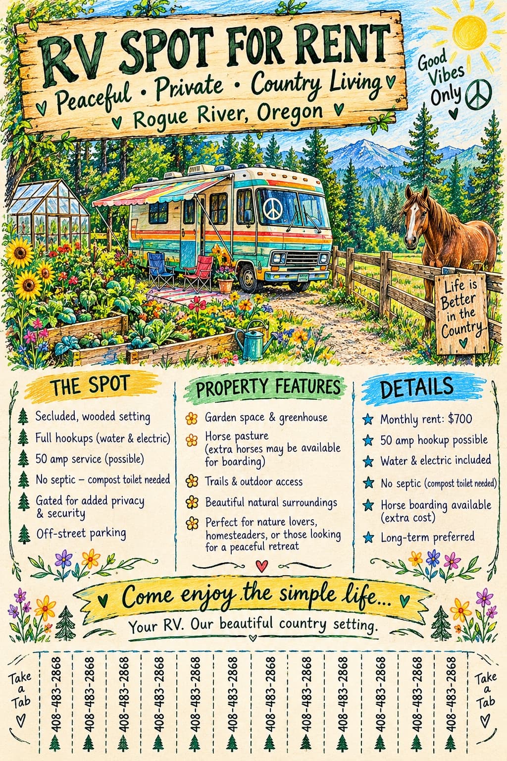 Peaceful secluded RV space on private property with an rv space for rent on small farm.